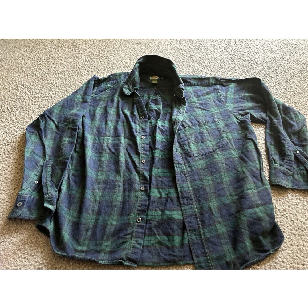 VTG 00s Cabelas Flannel Shirt Cotton Faded Black Watch Tartan L Camp Plaid